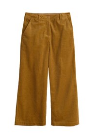 Pantalons larges en velours côtelé marron avec un motif côtelé texturé, des poches avant et une fermeture à un bouton à la taille.