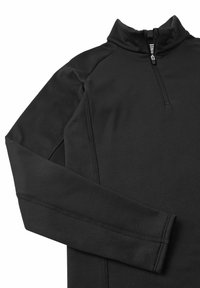 Czarny long-sleeve pulower z półzamkiem wykonany z miękkiego, elastycznego materiału; posiada szwy flatlock i wysoki kołnierz. Czysty, prosty design.