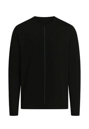 Maglietta nera a maniche lunghe in un materiale morbido, con una linea centrale di testo in una stampa sottile. Scollo rotondo semplice e orlo dritto.