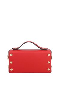 Borsa a tracolla rossa in pelle con forma rettangolare, dotata di manico superiore, dettagli in metallo dorato e bordi neri.
