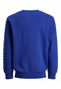 Felpa blu con collo rotondo, polsini e orlo a coste. Presenta testo bianco lungo la manica sinistra. Realizzata in tessuto morbido ed elastico.