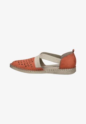 Orange leather shoe with cut-out designs, elastic beige straps, and a textured sole. Features a low-profile design with stitching accents.