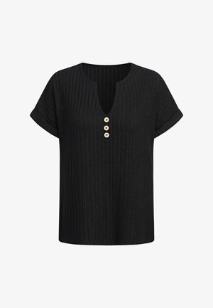 Zwart geribd topje met een V-hals, korte opgerolde mouwen en vier houten knopen bij de halslijn. Zachte textuur en een ontspannen pasvorm.