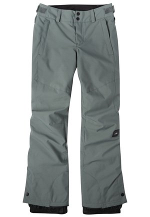 Pantalones impermeables para nieve en color gris con pestañas ajustables en la cintura, bolsillos delanteros, rodillas reforzadas y polainas internas con cierres de presión.