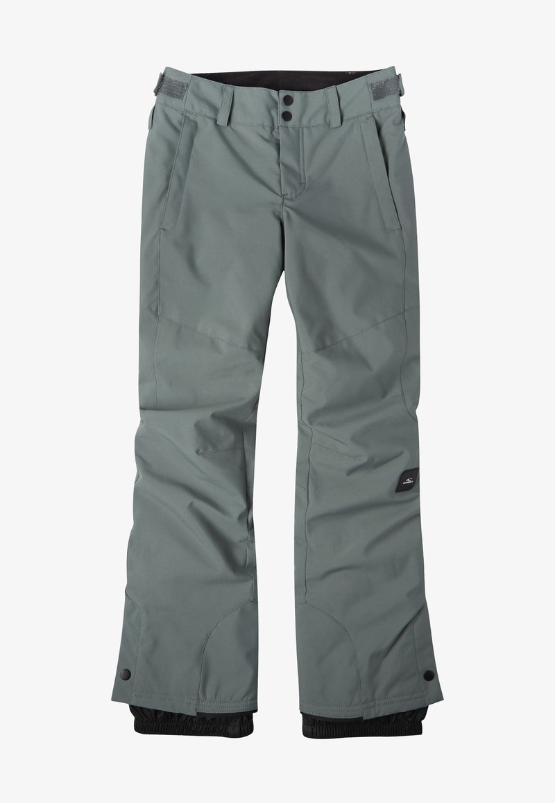 Pantalon de neige imperméable gris avec sangles de taille réglables, poches avant, genoux renforcés et guêtres intérieures avec fermetures à pression.
