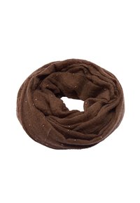 Brązowy, dziany szalik w formie nieskończoności, wykonany z miękkiego materiału, charakteryzujący się teksturowanym wykończeniem i ozdobiony małymi metalicznymi akcentami.