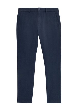 Marineblaue Chinos aus einem glatten Material gefertigt, mit einem Knopfverschluss vorne, seitlichen Taschen und schlanker Passform.
