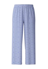 Lichtblauwe broek met een patroon, voorzien van een elastische tailleband, rechte pijpen en een ingewikkeld bloemenpatroon in donkerdere blauwtinten.