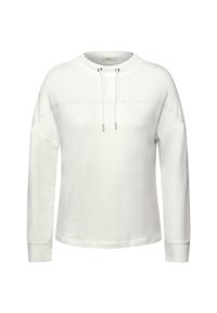 Witte longsleeve sweatshirt met een ronde hals, verstelbare trekkoord en reliëf tekstpatroon langs de schoudernaden. Zachte stof.