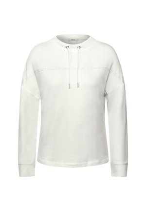 Vit långärmad sweatshirt med rundad halsringning, justerbar dragsnodd och pr präglat textmönster längs axelsömmarna. Mjuk tyg.