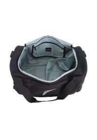 Black duffel bag with a light blue interior, dual handles, and a logo on the side. Features a zip closure and spacious opening.