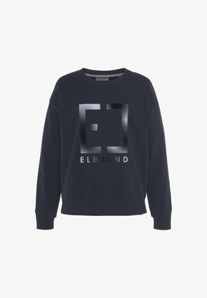 Navy sweatshirt with a crew neck, long sleeves, and a metallic silver design featuring the text "ELBSAND" across the front.