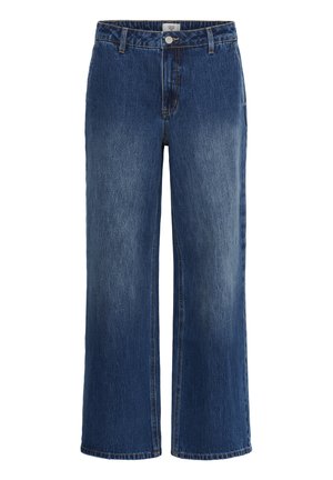 Szerokie dżinsy z denimu w ciemnoniebieskim kolorze, z wysokim stanem, zapięciem na guziki z przodu oraz kontrastowym przeszyciem. Miękka tekstura z wyblakłym wykończeniem.