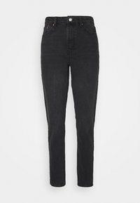 Jeans slim fit neri a vita alta con chiusura frontale a bottoni e zip, passanti per cintura e cinque tasche.