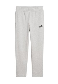 Grå sweatpants med elastisk midjeband, med en liten svart Puma-logga på vänster lår. Mjuk tygkänsla med rak bendesign.