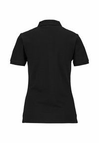 Zwart poloshirt met korte mouwen, voorzien van een klassieke kraag, gladde textuur en een nette afwerking. Geen zichtbare patronen of versieringen.
