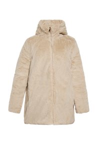 Giacca in pelliccia sintetica beige con colletto alto, chiusura frontale con zip e tasche laterali; texture morbida con finitura liscia.
