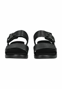 Zwarte leren sandalen met verstelbare banden, een vlakke zool en een zilveren gesp. Bevat een gestructureerd gripoppervlak voor extra grip.