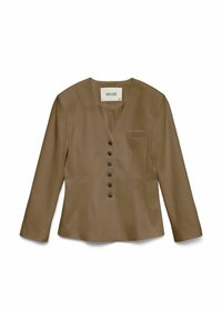 Veste marron à manches longues en tissu lisse. Présente un col en V, sept boutons noirs sur le devant et une petite poche poitrine.
