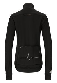 Zwarte lange mouwen jacket met een hoge kraag, reflecterende accenten en een hartslagpatroon op de achterzak voor zichtbaarheid en stijl.