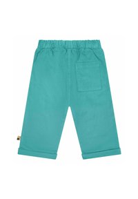 Pantaloni turchesi con cintura elasticizzata, orli arrotolati e una tasca posteriore; realizzati in morbido cotone con una texture liscia.