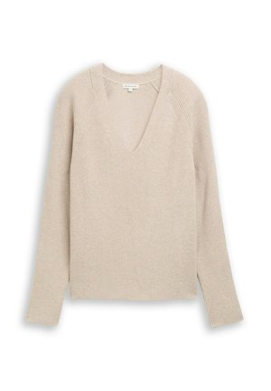 Bež pulover iz pletenine z V-izrezom, dolgimi rokavi in stranskimi razporki. Ponaša se z rahlo strukturiranim vzorcem in rebrastimi poudarki na izrezu in manšetah.