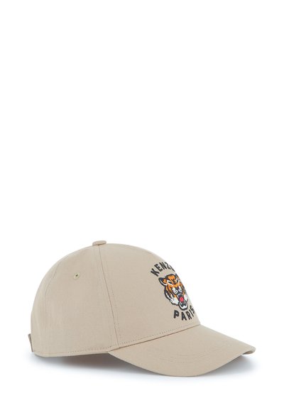 Casquette de baseball beige à visière incurvée, ornée d'un graphique de tigre brodé et du texte "KENZO PARIS" en noir.