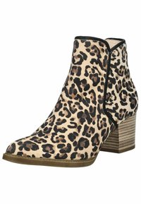Botín de tobillo de ante con estampado de leopardo, que presenta un patrón en tonos marrón y negro, una puntera redondeada y un tacón bloque a rayas.