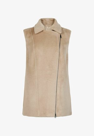 Sømløs beige faux fur vest med bred krave og asymmetrisk sølv lynlås lukning ned langs højre side foran.