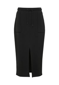 Zwarte midi rok van zachte stof, met een elastische tailleband met trekkoord, twee voorzakken en een split aan de voorkant.
