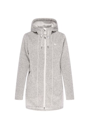 Hosszú szürke kapucnis dzseki elöl cipzárral és húzózsinórokkal, texturált anyagból készült, cipzáras oldalzsebekkel.