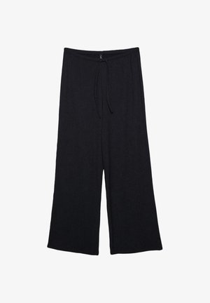 Pantalons noirs à jambes larges avec taille à cordon de serrage, fabriqués dans un tissu texturé. Présentent une coupe ample et une longueur cropped.