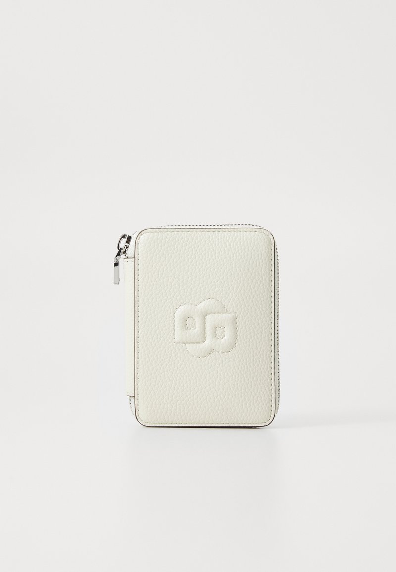 Compact white leather wallet with a textured finish, gold zipper, and embossed logo on the front. Rectangular shape and stitched edges.