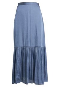 Midilång blå kjol med en rynkad volangnärm och slät midjeband, tillverkad av lättviktsmaterial.