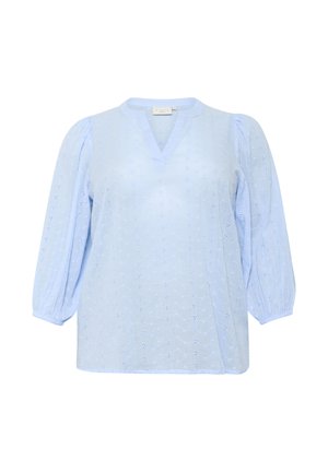 Helle blaue Bluse mit V-Ausschnitt, langen Puffärmeln und aufwendigen Stickmustern auf dem gesamten Stoff. Weiches, leichtes Baumwollmaterial.