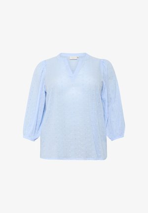 Light blue blouse with a V-neck, long puff sleeves, and intricate embroidered patterns throughout the fabric. Soft, lightweight cotton material.