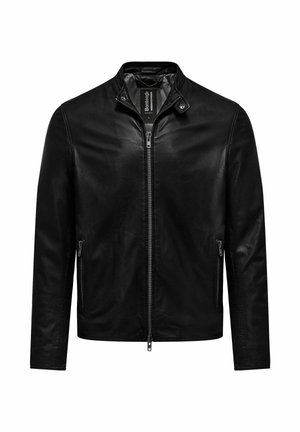 Czarna skórzana kurtka z kołnierzem ze stójką, zamkiem błyskawicznym z przodu, zapięciem na zatrzask przy szyi oraz kieszeniami na obu bokach zapinanymi na zamek.