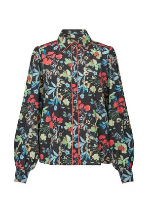 Musta pitkähihainen pusero, jossa värikäs punainen, sininen ja vihreä kukkakuosi, terävä kaulus, nappikiinnitys edessä ja punaiset reunat.