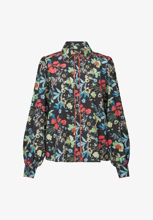 Musta pitkähihainen pusero, jossa värikäs punainen, sininen ja vihreä kukkakuosi, terävä kaulus, nappikiinnitys edessä ja punaiset reunat.