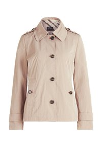 Beige, leichter Trenchcoat mit durchgehender Knopfleiste, großem Kragen, Seitentaschen und glänzenden Knöpfen; gemusterte Fütterung sichtbar am Kragen.