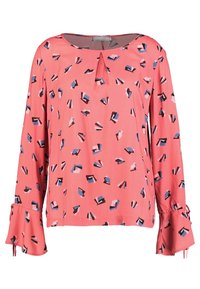 Rosa blus med långa ärmar, med en nyckelhålsdetalj vid halsen och abstrakt flerfärgad print. Tillverkad av lätt och mjuk tyg.