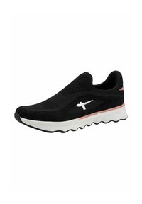 Black slip-on sneaker with a textured knit upper, white logo accent, and a wavy white sole featuring a pink stripe detail.