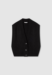 Cardigan senza maniche di colore nero realizzato in materiale lavorato a maglia; presenta un scollo a V profondo, una texture a coste e cinque bottoni neri sul davanti.
