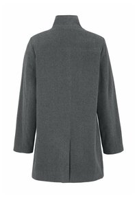 Grau wollener Mantel mit gerader Silhouette, hohem Kragen und 3/4-langen Ärmeln. Verfügt über eine einfache Rückennaht und keine sichtbaren Beschläge.