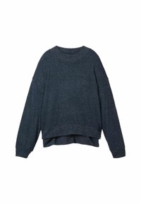 Tummansininen neulepaita pyöreällä kaula-aukolla, lasketuilla harteilla ja lyhyellä helmalla. Varustettu resorireunuksilla hihoissa ja teksturoidulla kankaalla.