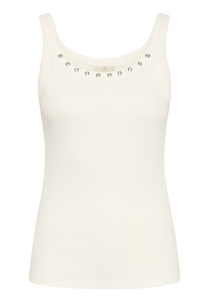 White tank top with a scoop neckline, featuring a row of metallic studs along the front. Made of soft, fitted fabric.