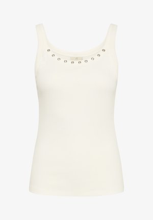 White tank top with a scoop neckline, featuring a row of metallic studs along the front. Made of soft, fitted fabric.