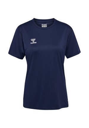 Marineblaues sportliches T-Shirt aus glattem Material, mit kurzen Ärmeln und einem kleinen weißen Hummel-Logo auf der linken Brust.