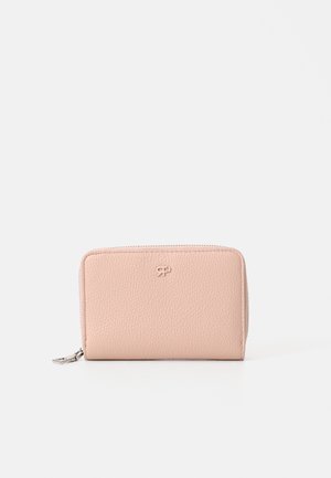 Pink leather wallet with textured surface, zip closure, and embossed logo on the front. Rectangular shape, compact design.
