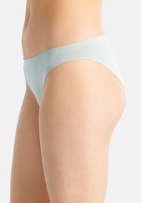 Mutande in stile bikini di colore azzurro chiaro, realizzate in tessuto morbido e liscio, con un taglio a vita bassa e un elastico sottile in vita. Senza motivi visibili o accessori.